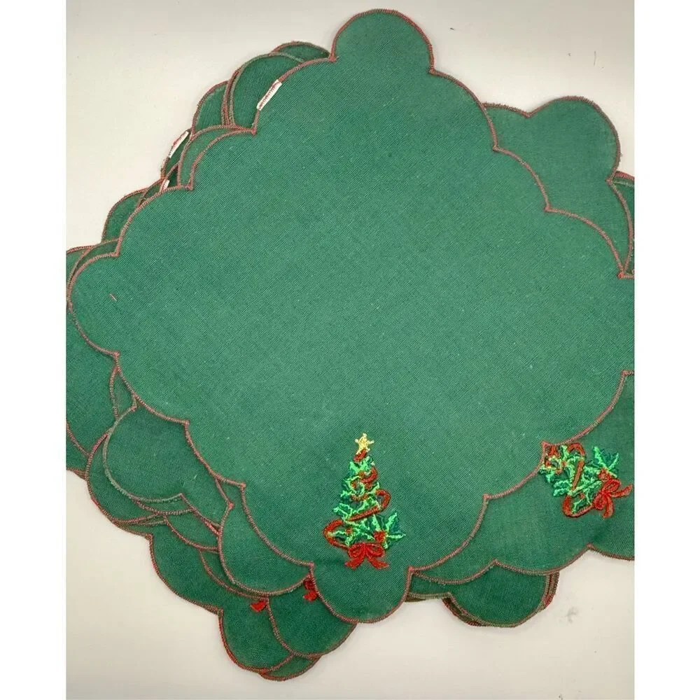 Linen Christmas Napkins Set of 12 Green Embroidered Christmas Tree 7 X 7”